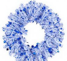 Венок новогодний 3 (d=35см.) хвоя белая, украшение синие звезды - ВН-3